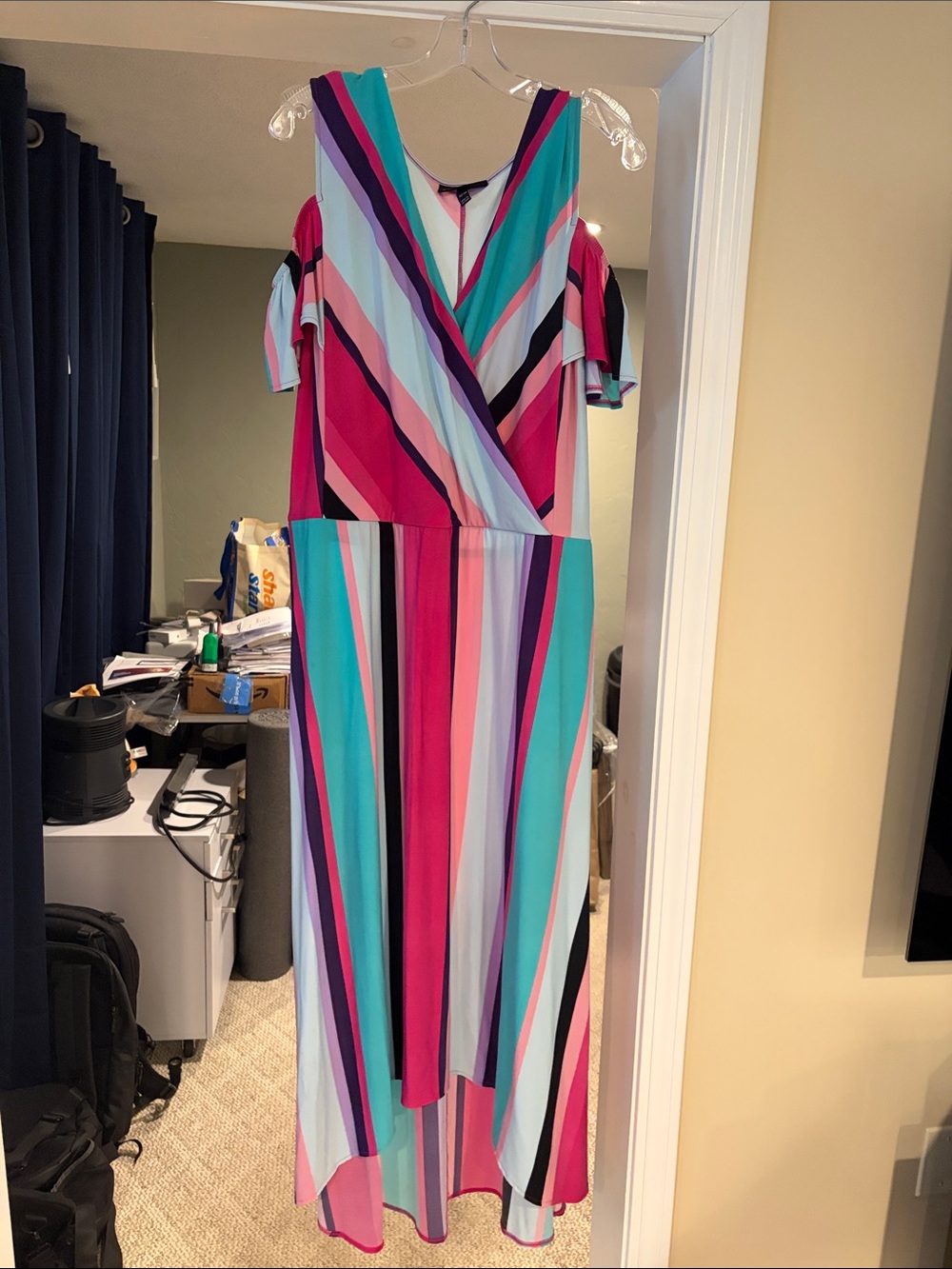 Lane Bryant Striped Cold-Shoulder Maxi Dress in Pink, Teal, Purple, Black
